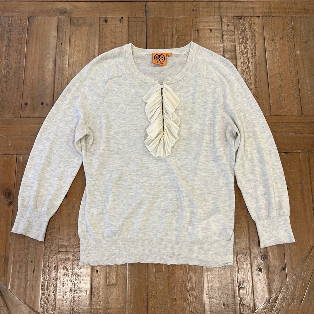 Tory Burch Lightweight Sweater Womens Medium Ruffled Front Cotton Gray Preppy